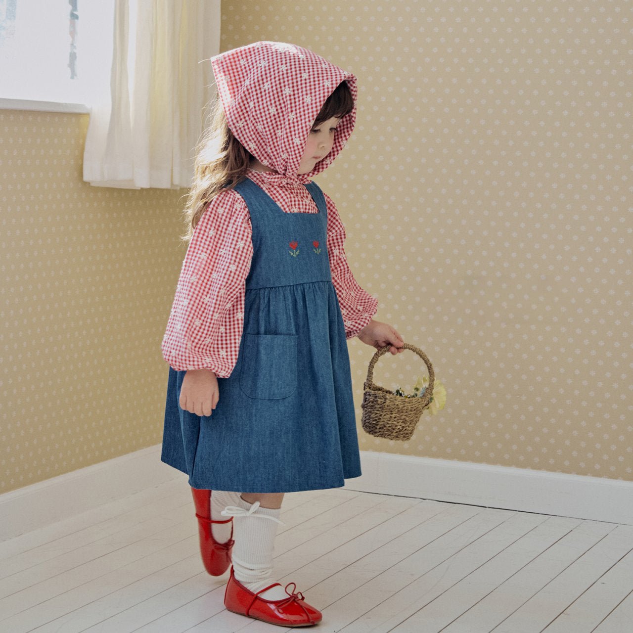 Toddler Milk SP26 Floral Embroidery Gingham Puff Long Sleeve Top (1 - 7y) - Red - AT NOON STORE