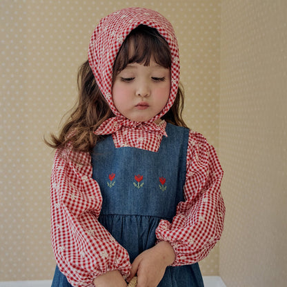 Toddler Milk SP26 Floral Embroidery Gingham Puff Long Sleeve Top (1 - 7y) - Red - AT NOON STORE
