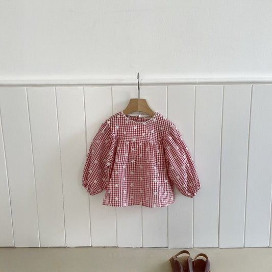 Toddler Milk SP26 Floral Embroidery Gingham Puff Long Sleeve Top (1 - 7y) - Red - AT NOON STORE