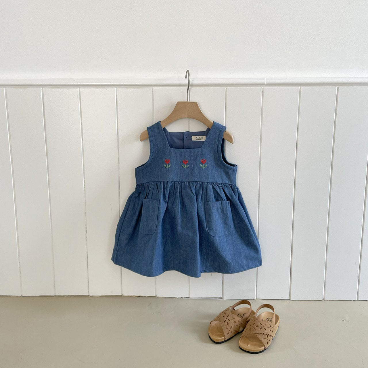Toddler Milk SP26 Tulip Embroidery Sleeveless Denim Dress (1 - 7y) - Blue - AT NOON STORE