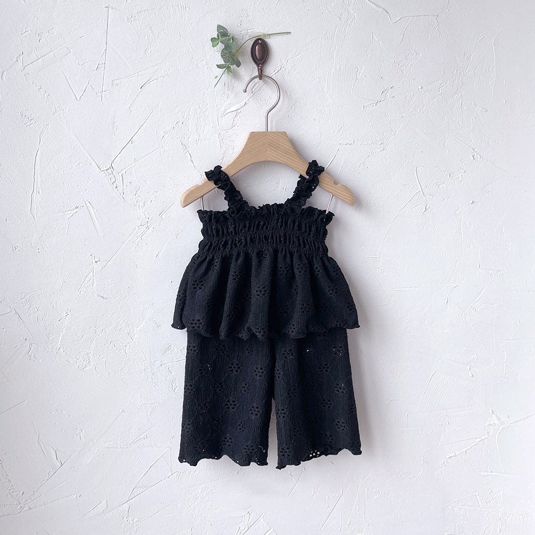 Toddler Milk SS25 Eyelet Lettuce - Edge Smocked Peplum Top and Wide Pants Set (1 - 7y) - 2 Colors kids outfit
