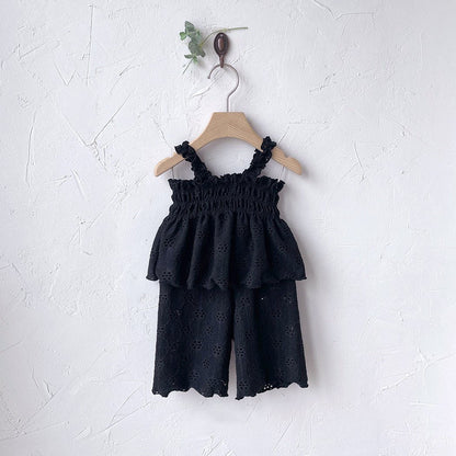 Toddler Milk SS25 Eyelet Lettuce - Edge Smocked Peplum Top and Wide Pants Set (1 - 7y) - 2 Colors kids outfit