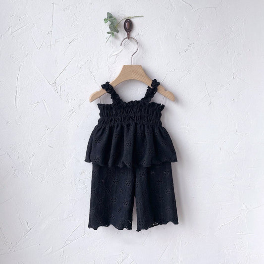 Toddler Milk SS25 Eyelet Lettuce - Edge Smocked Peplum Top and Wide Pants Set (1 - 7y) - 2 Colors kids outfit