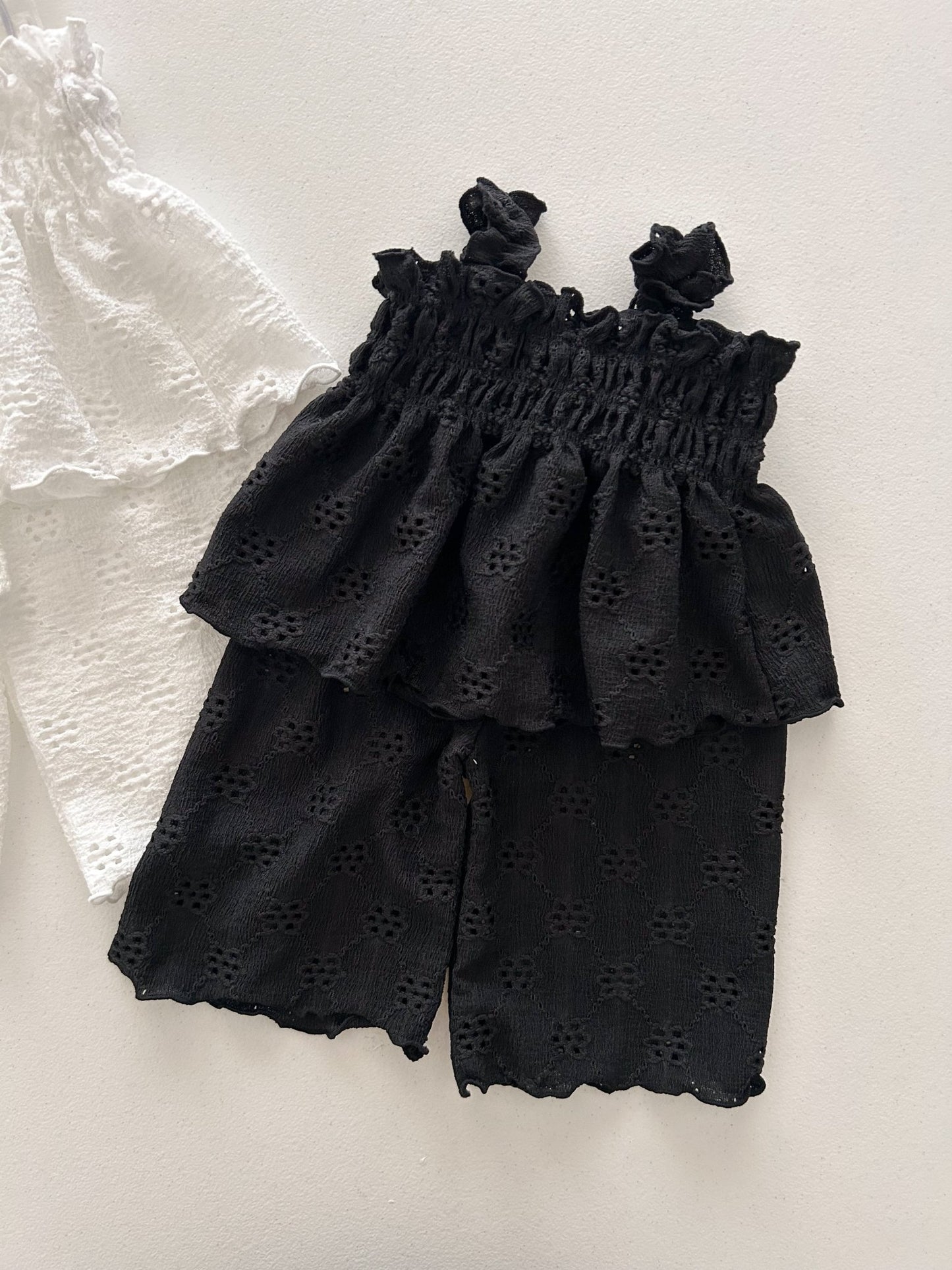 Toddler Milk SS25 Eyelet Lettuce - Edge Smocked Peplum Top and Wide Pants Set (1 - 7y) - 2 Colors kids outfit