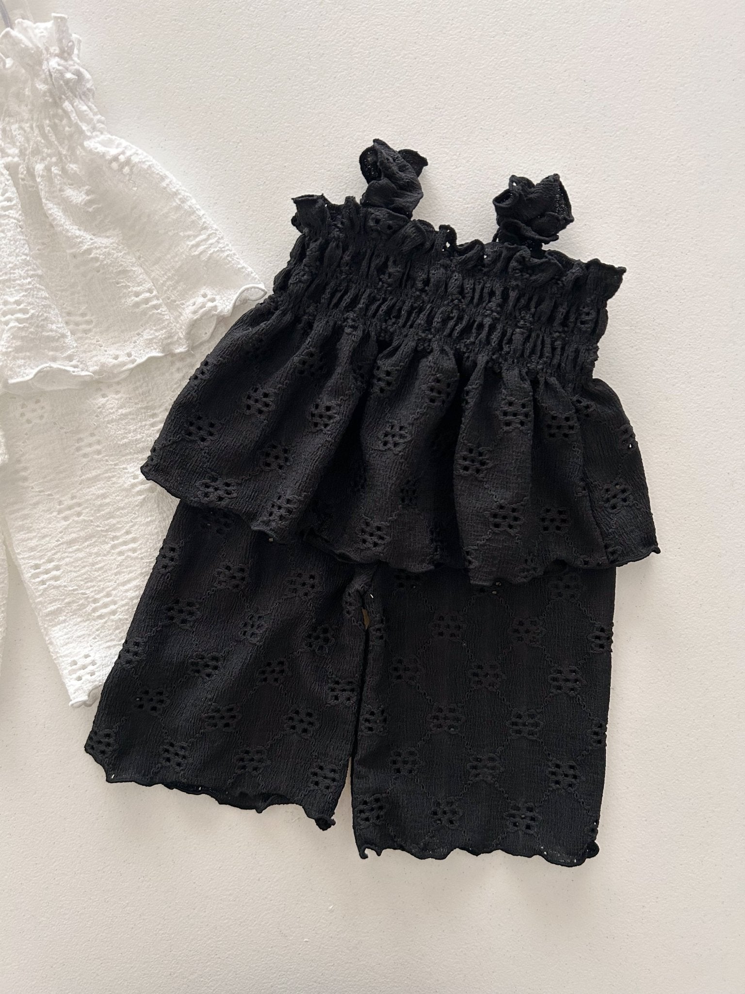 Toddler Milk SS25 Eyelet Lettuce - Edge Smocked Peplum Top and Wide Pants Set (1 - 7y) - 2 Colors kids outfit