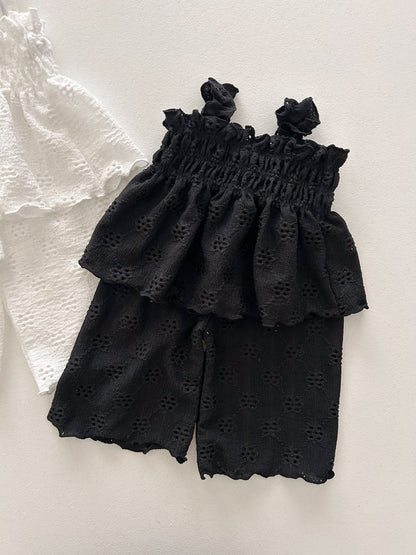 Toddler Milk SS25 Eyelet Lettuce - Edge Smocked Peplum Top and Wide Pants Set (1 - 7y) - 2 Colors kids outfit
