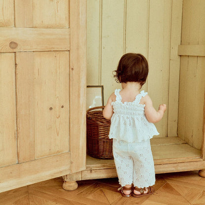 Toddler Milk SS25 Eyelet Lettuce - Edge Smocked Peplum Top and Wide Pants Set (1 - 7y) - 2 Colors kids outfit