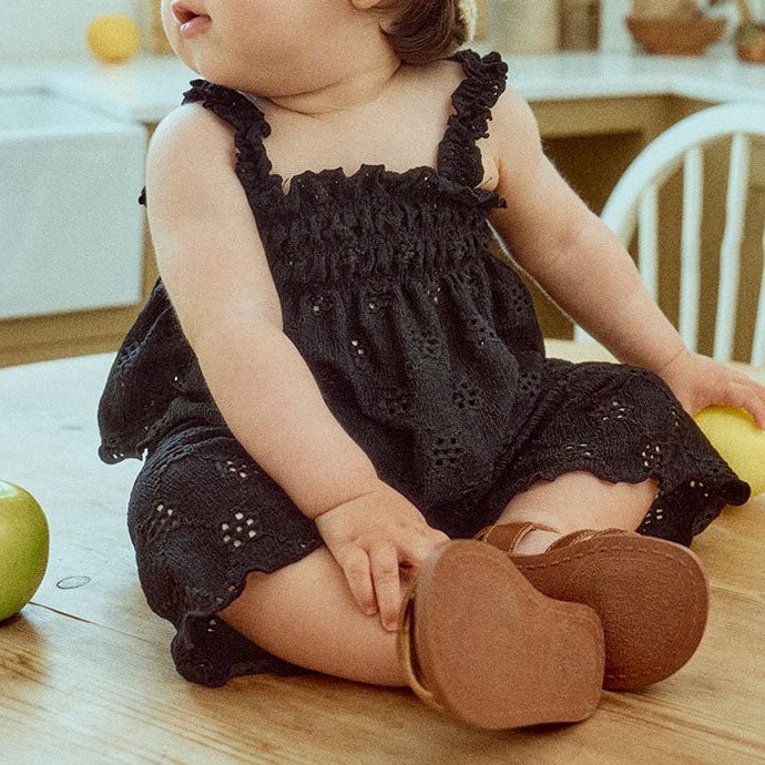 Toddler Milk SS25 Eyelet Lettuce - Edge Smocked Peplum Top and Wide Pants Set (1 - 7y) - 2 Colors kids outfit