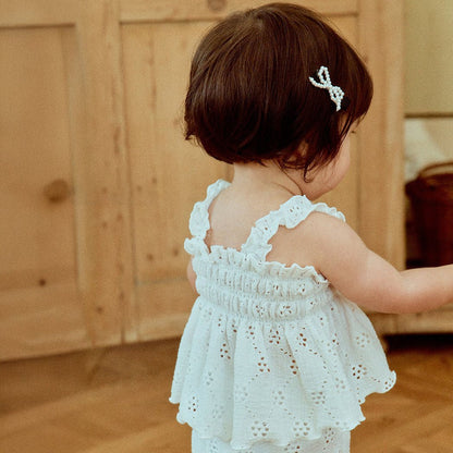 Toddler Milk SS25 Eyelet Lettuce - Edge Smocked Peplum Top and Wide Pants Set (1 - 7y) - 2 Colors kids outfit