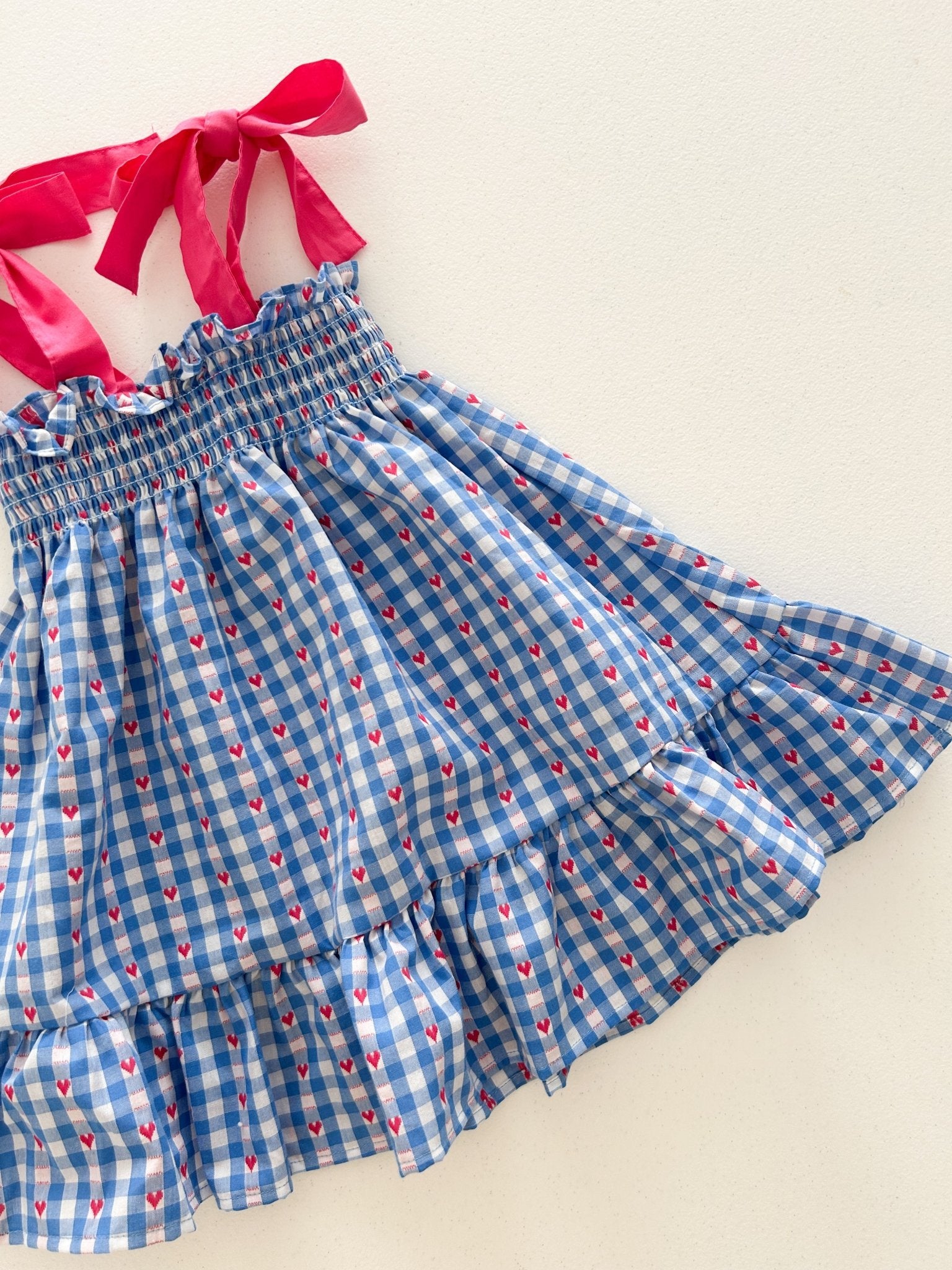 Toddler Milk SS26 Heart Gingham Smocked Bodice Tie Shoulder Dress (1-7y) - Blue kids outfit