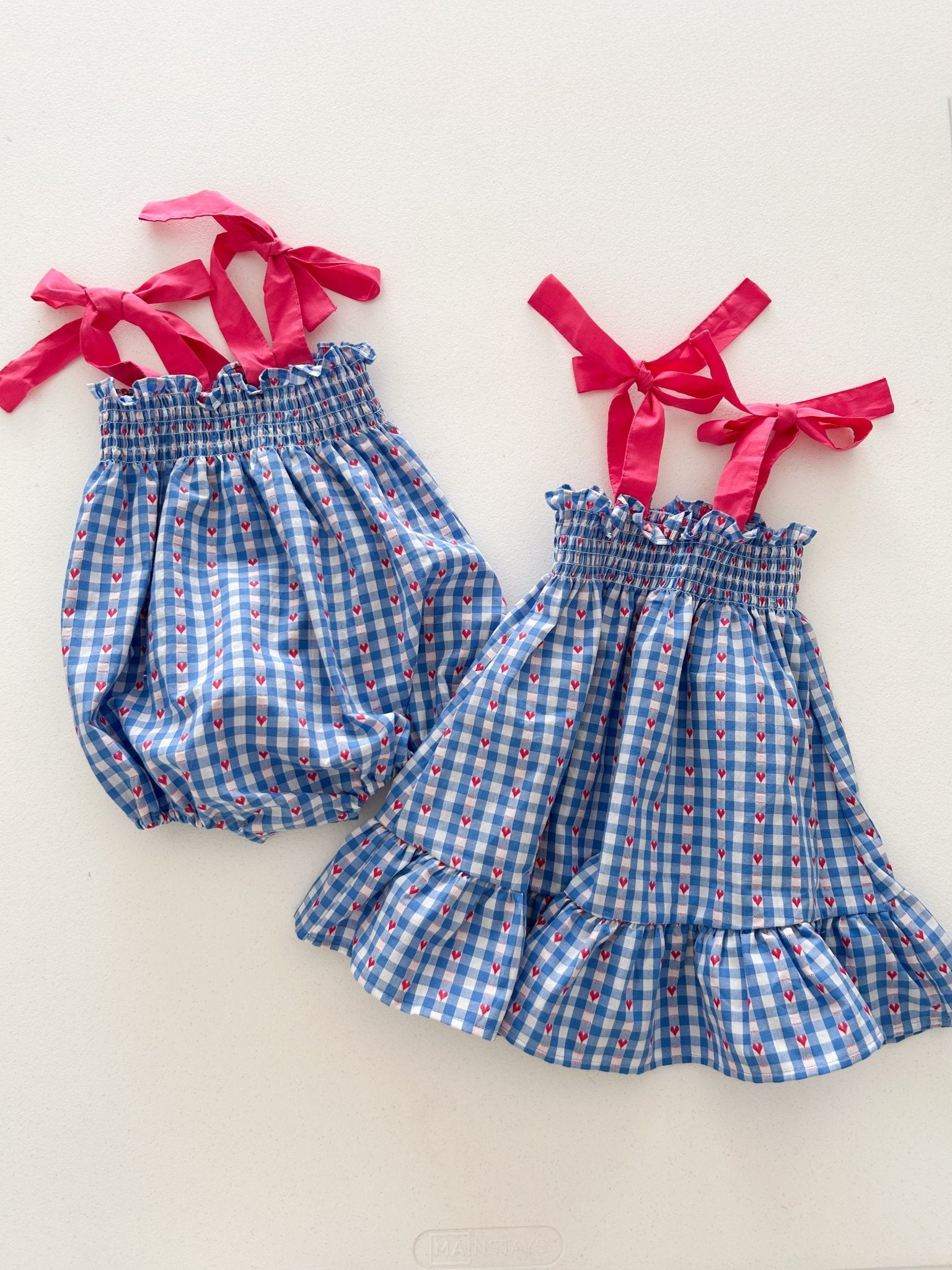 Toddler Milk SS26 Heart Gingham Smocked Bodice Tie Shoulder Dress (1-7y) - Blue kids outfit