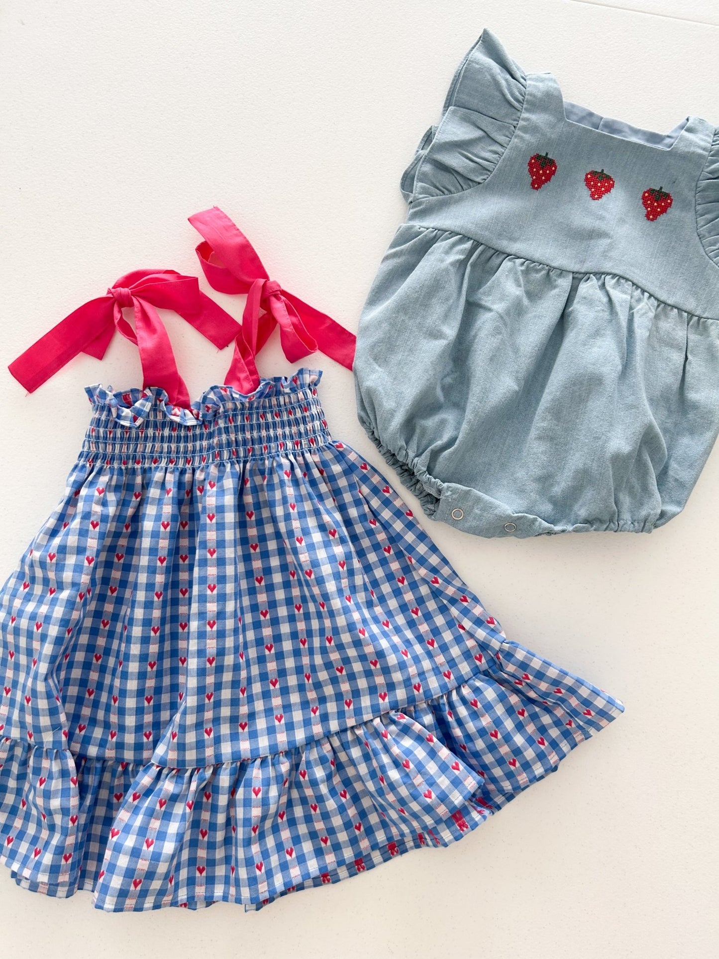Toddler Milk SS26 Heart Gingham Smocked Bodice Tie Shoulder Dress (1-7y) - Blue kids outfit