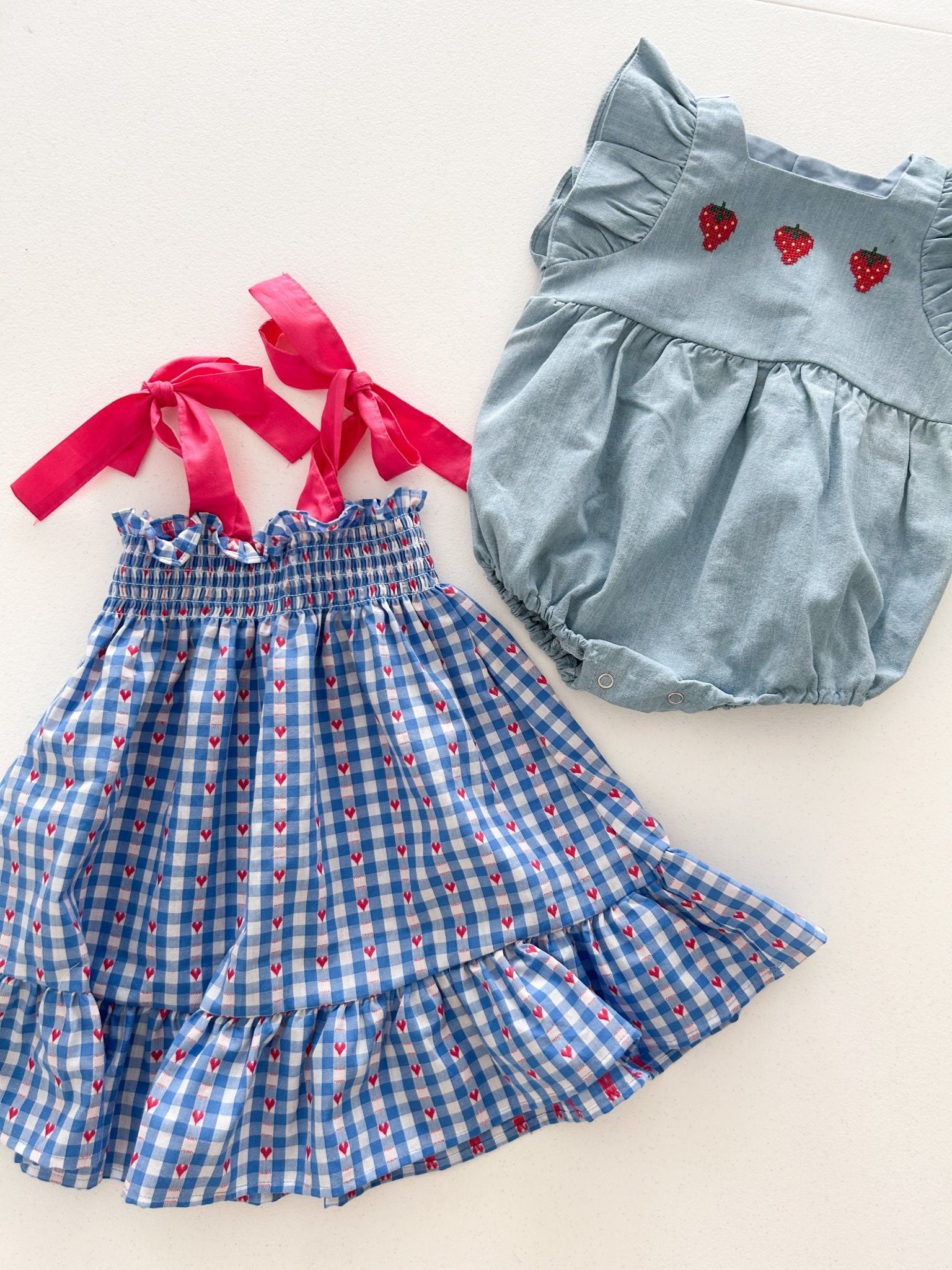 Toddler Milk SS26 Heart Gingham Smocked Bodice Tie Shoulder Dress (1-7y) - Blue kids outfit
