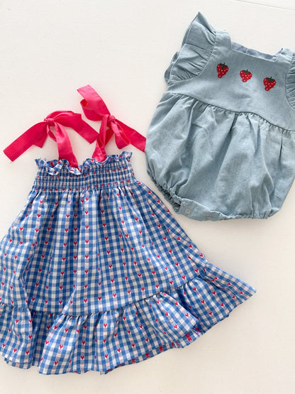 Toddler Milk SS26 Heart Gingham Smocked Bodice Tie Shoulder Dress (1-7y) - Blue kids outfit