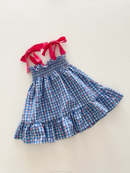 Toddler Milk SS26 Heart Gingham Smocked Bodice Tie Shoulder Dress (1-7y) - Blue kids outfit