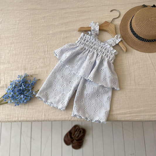 Toddler Milk SS26 Poinetelle Smocked Peplum and Pull-on Pants Set (1-7y) - Light Blue kids outfit