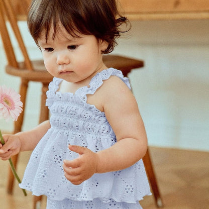 Toddler Milk SS26 Poinetelle Smocked Peplum and Pull-on Pants Set (1-7y) - Light Blue kids outfit