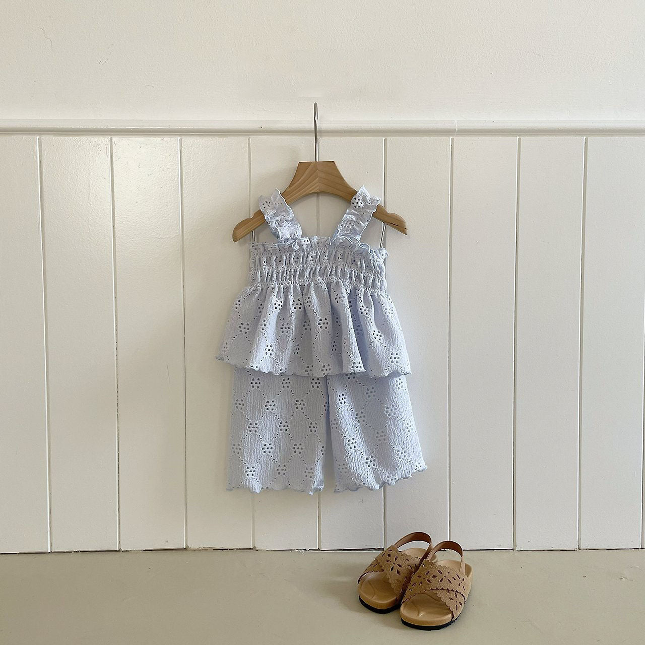 Toddler Milk SS26 Poinetelle Smocked Peplum and Pull-on Pants Set (1-7y) - Light Blue kids outfit