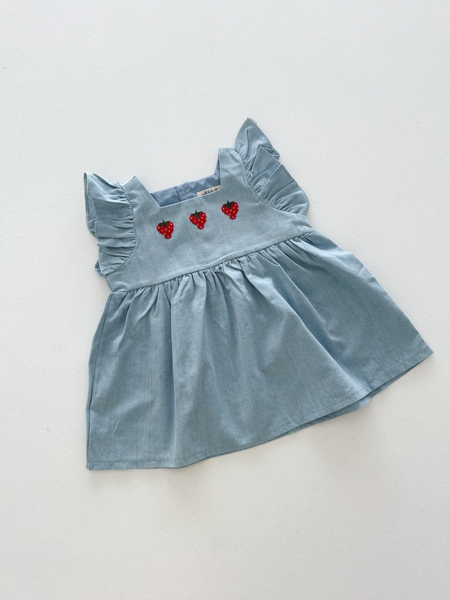 Toddler Milk SS26 Strawberry Embroidery Ruffle Sleeve Denim Dress (1-7y) - Light Denim kids outfit