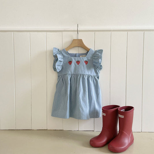 Toddler Milk SS26 Strawberry Embroidery Ruffle Sleeve Denim Dress (1 - 7y) - Light Denim kids outfit