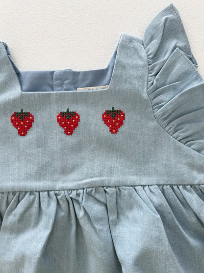 Toddler Milk SS26 Strawberry Embroidery Ruffle Sleeve Denim Dress (1-7y) - Light Denim kids outfit