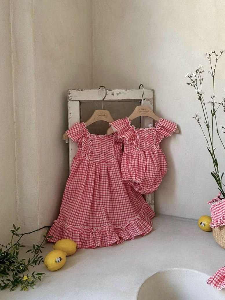 Toddler Monbebe Gingham Ruffle Short Sleeve Dress (1 - 6y) - 2 Colors kids outfit