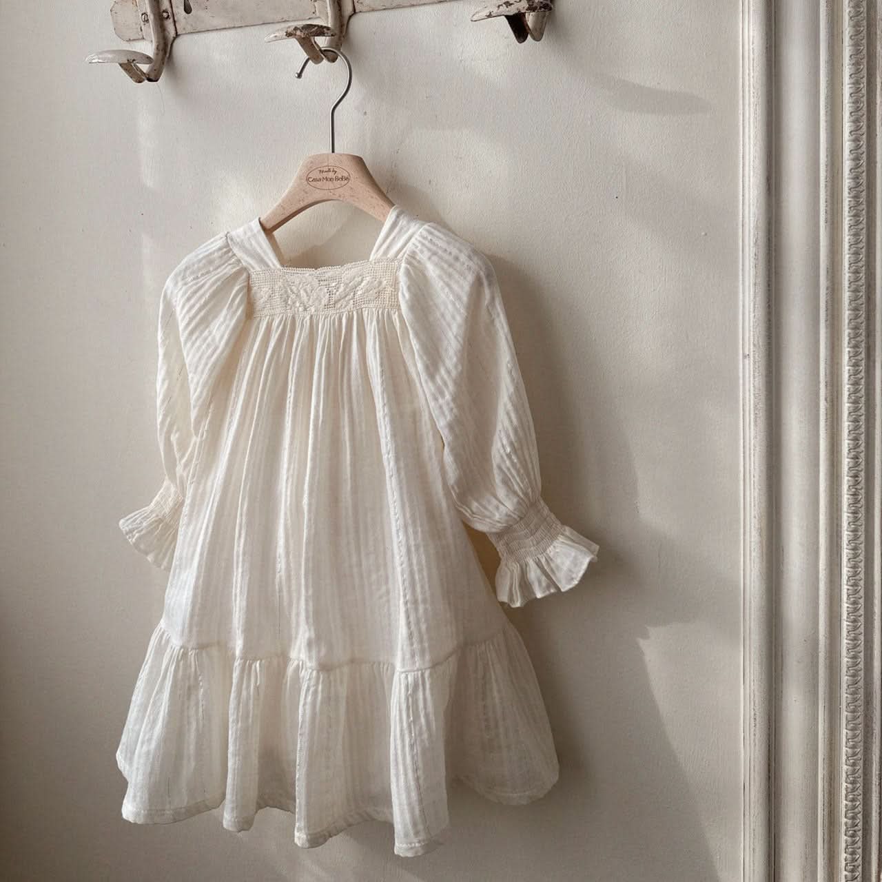 Toddler Monbebe S25 Floral Lace Trim Gauze Cotton Dress (1 - 8y) - Cream kids outfit