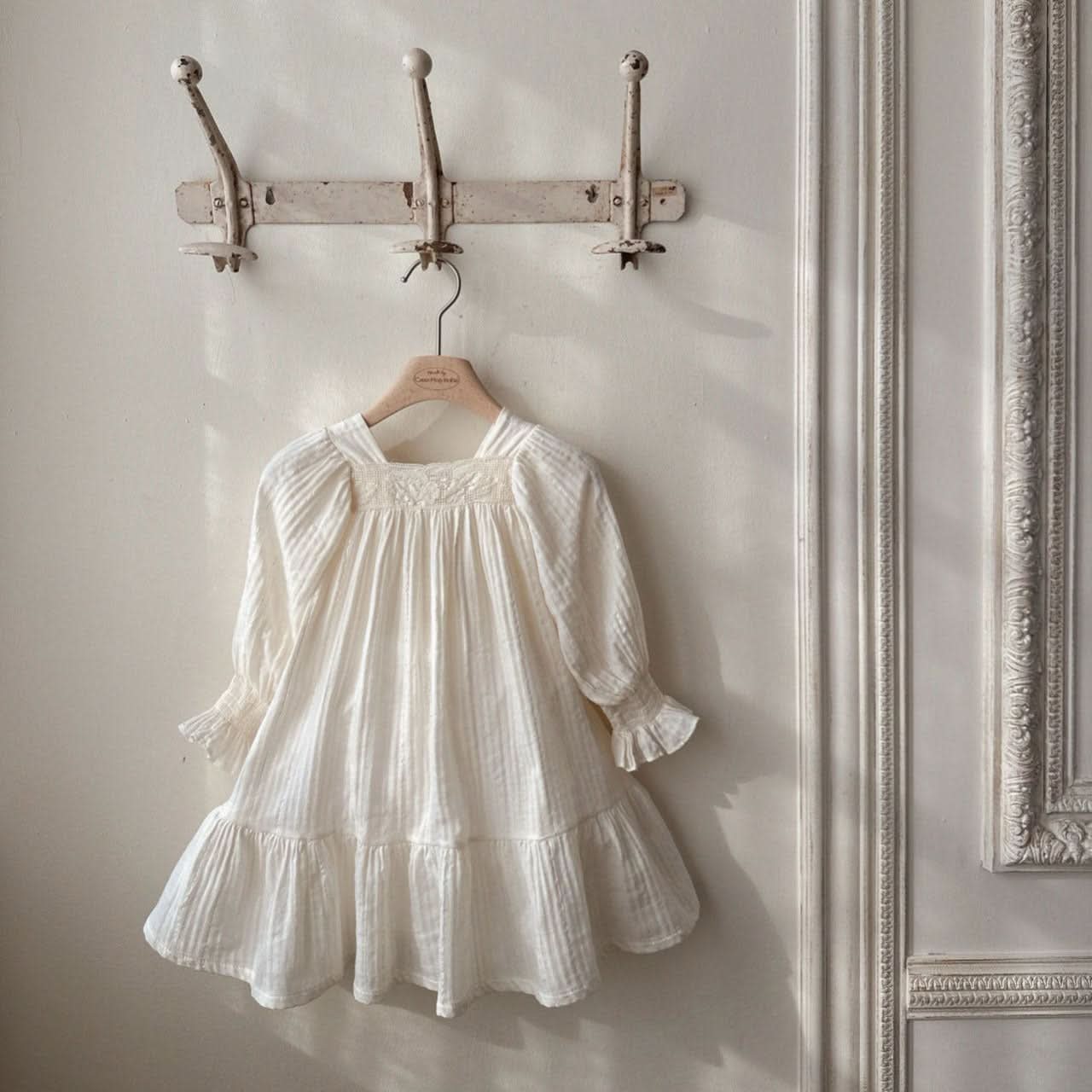 Toddler Monbebe S25 Floral Lace Trim Gauze Cotton Dress (1 - 8y) - Cream kids outfit