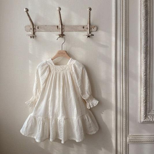Toddler Monbebe S25 Floral Lace Trim Gauze Cotton Dress (1 - 8y) - Cream kids outfit