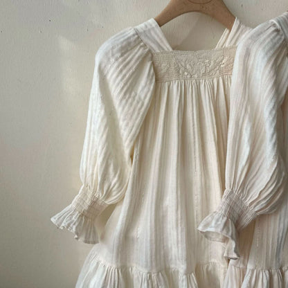 Toddler Monbebe S25 Floral Lace Trim Gauze Cotton Dress (1 - 8y) - Cream kids outfit