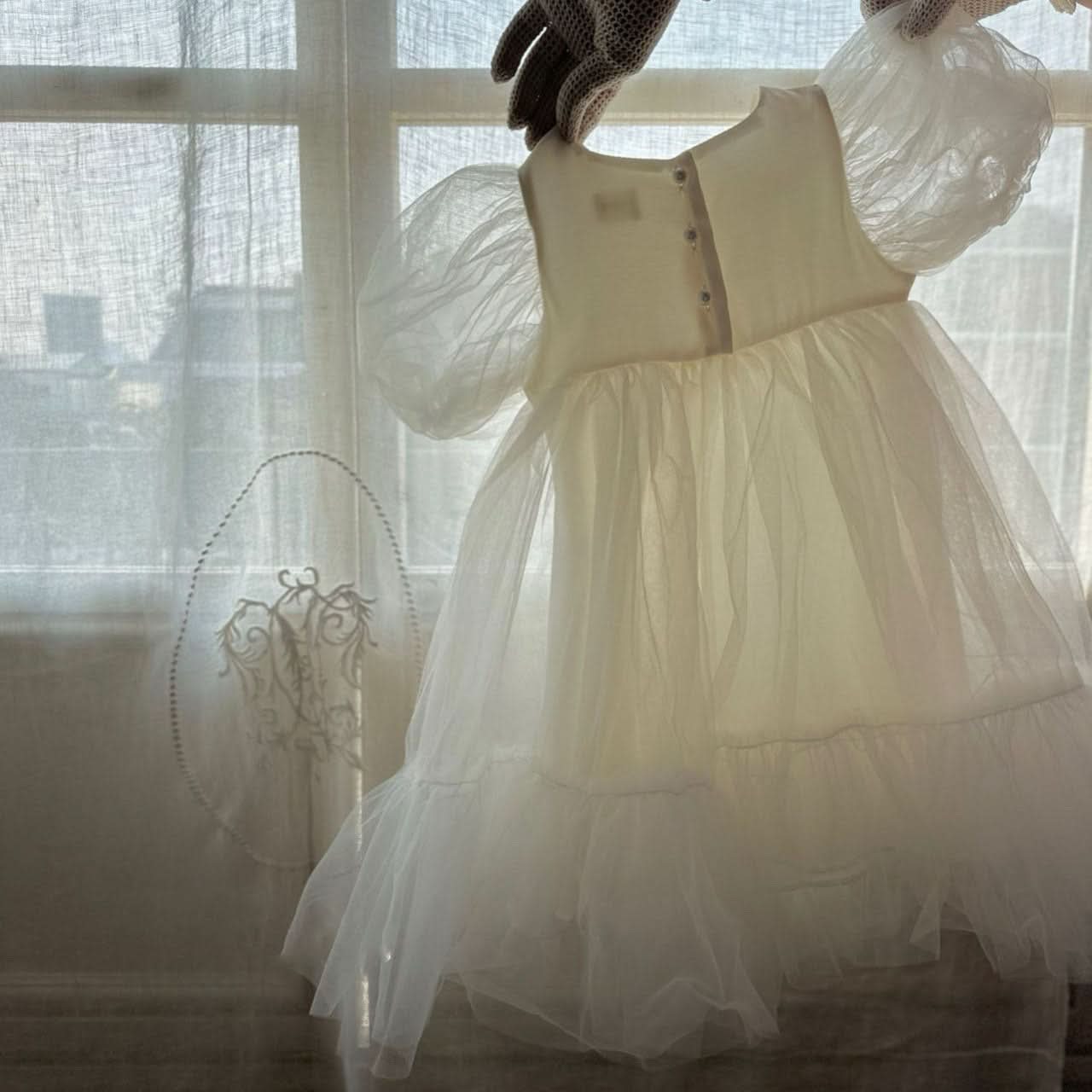Toddler Monbebe S25 Short - Puff Sleeve Tulle Dress (1 - 8y) - Ivory kids outfit