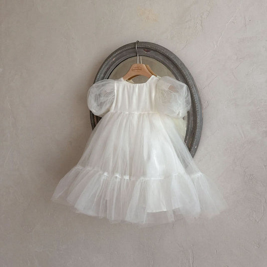Toddler Monbebe S25 Short - Puff Sleeve Tulle Dress (1 - 8y) - Ivory kids outfit