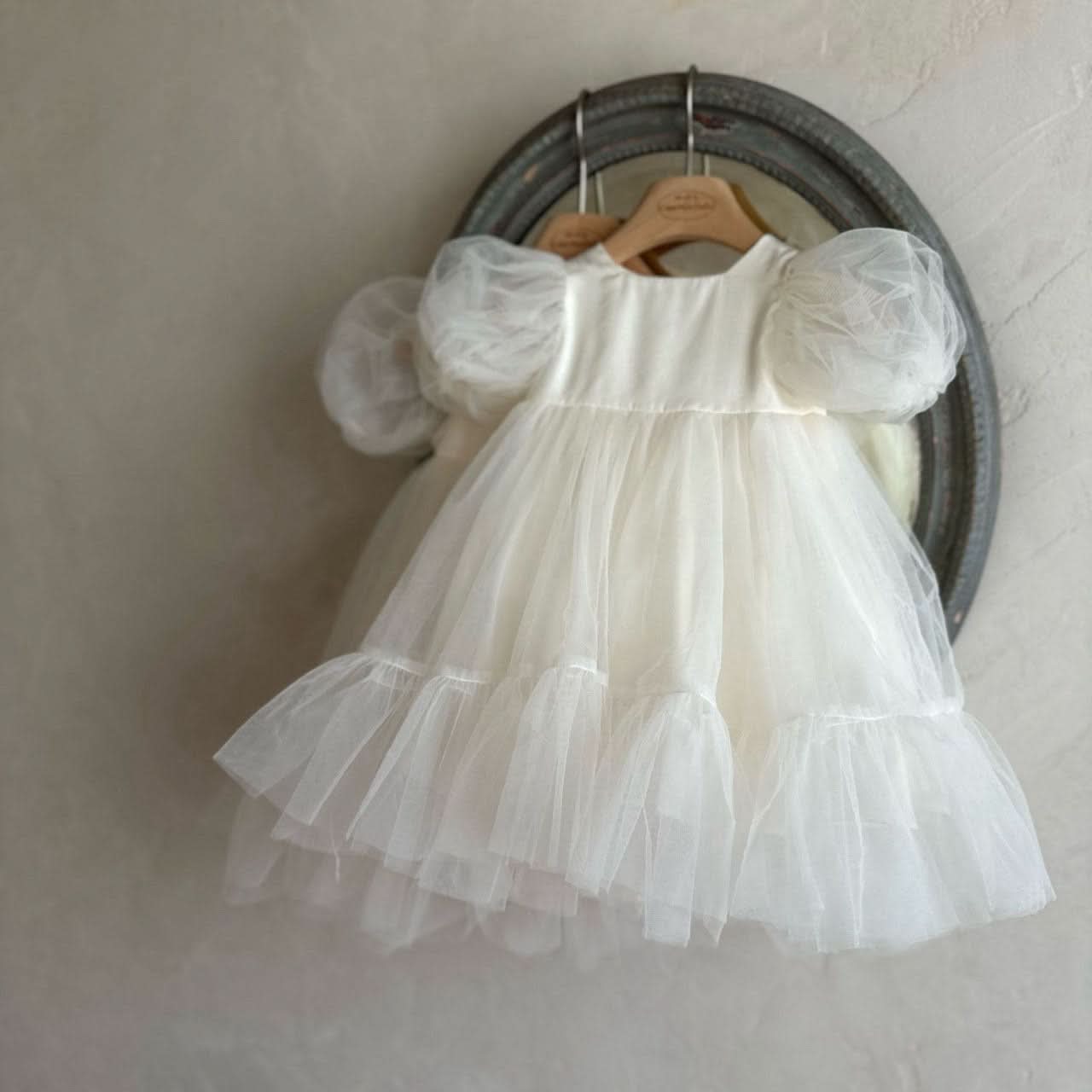 Toddler Monbebe S25 Short - Puff Sleeve Tulle Dress (1 - 8y) - Ivory kids outfit