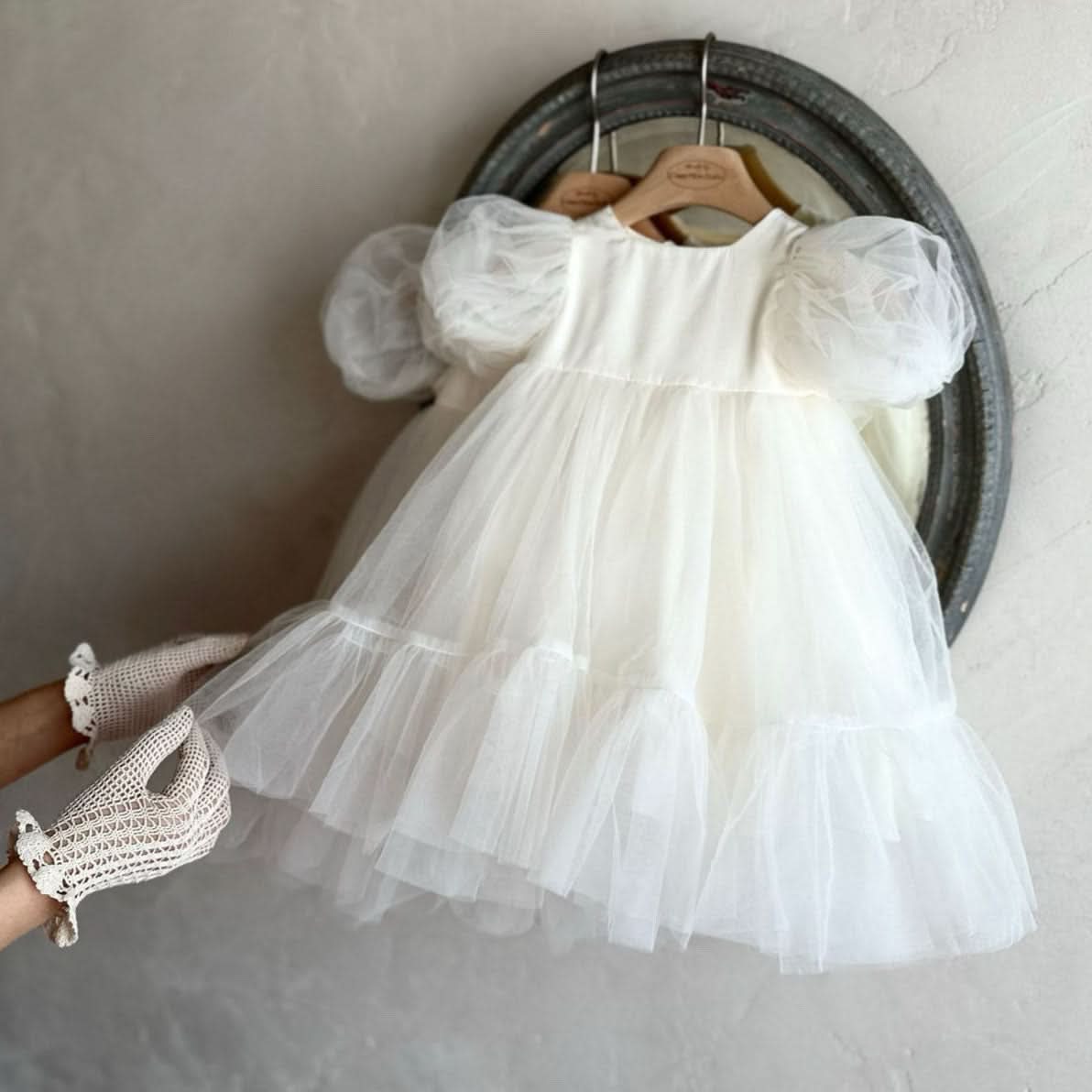Toddler Monbebe S25 Short - Puff Sleeve Tulle Dress (1 - 8y) - Ivory kids outfit