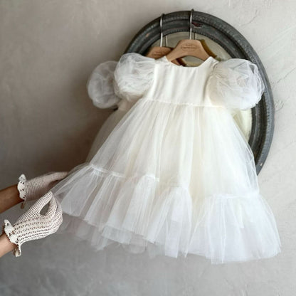 Toddler Monbebe S25 Short - Puff Sleeve Tulle Dress (1 - 8y) - Ivory kids outfit