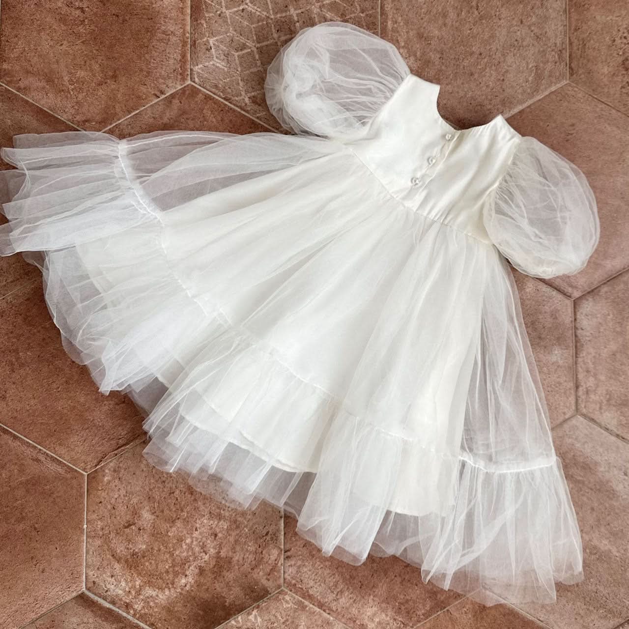 Toddler Monbebe S25 Short - Puff Sleeve Tulle Dress (1 - 8y) - Ivory kids outfit