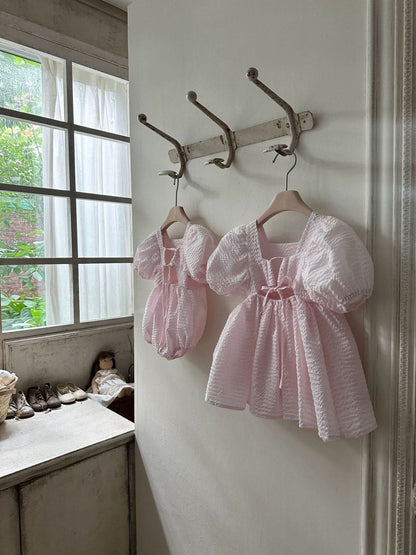Toddler Monbebe Seersucker Puff Sleeve Dress (1 - 6y) - 2Colors kids outfit