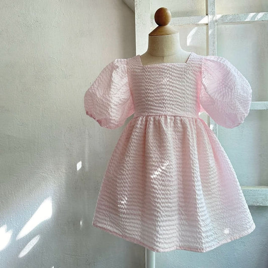 Toddler Monbebe Seersucker Puff Sleeve Dress (1 - 6y) - 2Colors kids outfit