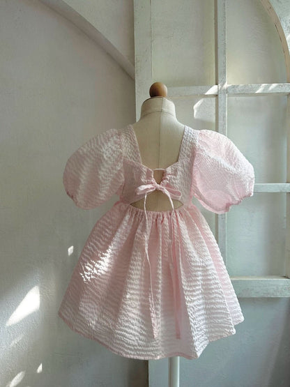 Toddler Monbebe Seersucker Puff Sleeve Dress (1 - 6y) - 2Colors kids outfit