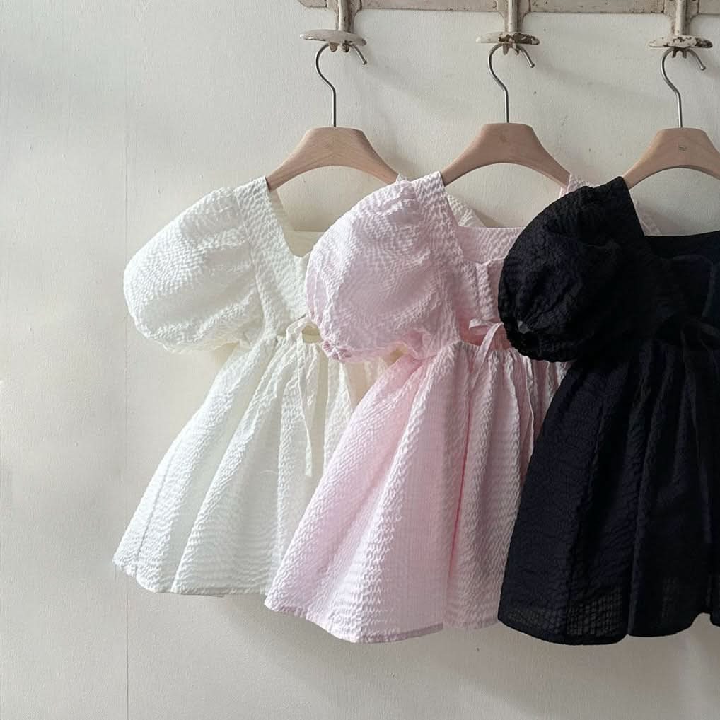 Toddler Monbebe Seersucker Puff Sleeve Dress (1 - 6y) - 2Colors kids outfit