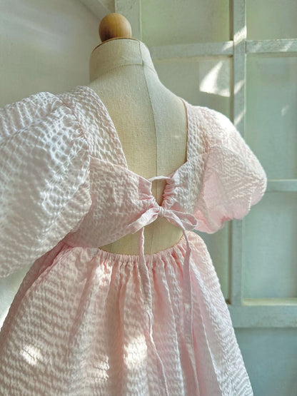 Toddler Monbebe Seersucker Puff Sleeve Dress (1 - 6y) - 2Colors kids outfit
