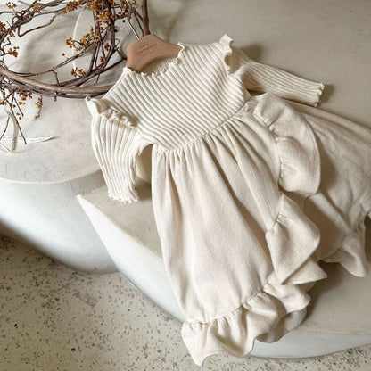 Toddler Monbebe W24 Lettuce - edge Ribbed Top Ruffle Dress (1 - 6y) - Cream kids outfit