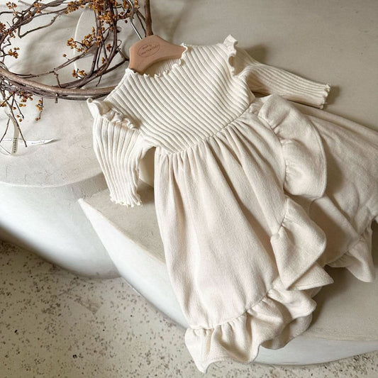 Toddler Monbebe W24 Lettuce - edge Ribbed Top Ruffle Dress (1 - 6y) - Cream kids outfit