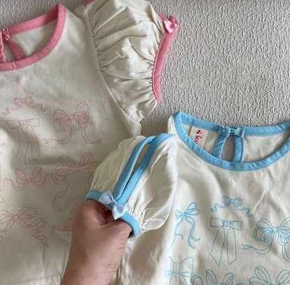 Toddler Open Sleeve Bow Print Top (1 - 5y) - 2 Colors kids outfit