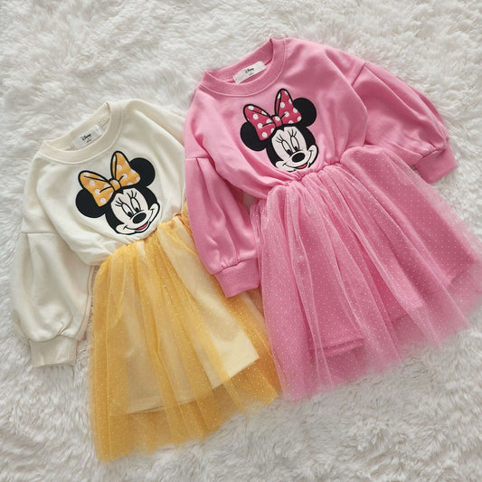 Toddler Puff Sleeve Soft Cotton Minnie Tulle Dress (15m - 7y) - 2 Colors kids outfit