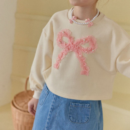 Toddler S25 Lace & Pearl Bow Sweatshirt (2 - 7y) - Cream kids outfit