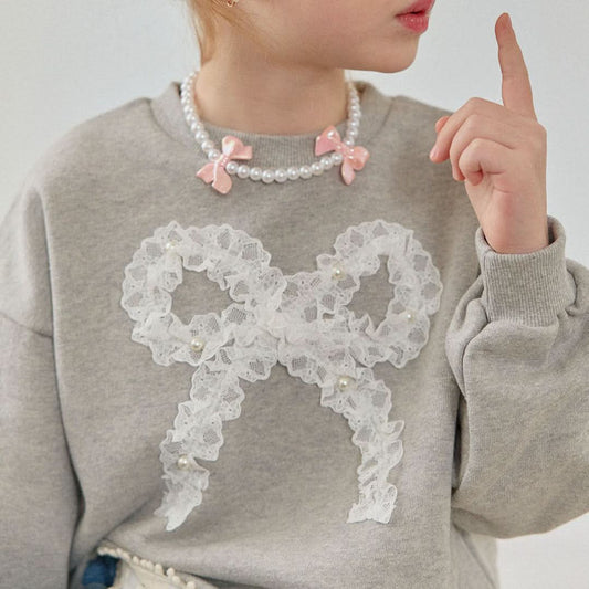 Toddler S25 Lace & Pearl Bow Sweatshirt (2 - 7y) - Gray kids outfit