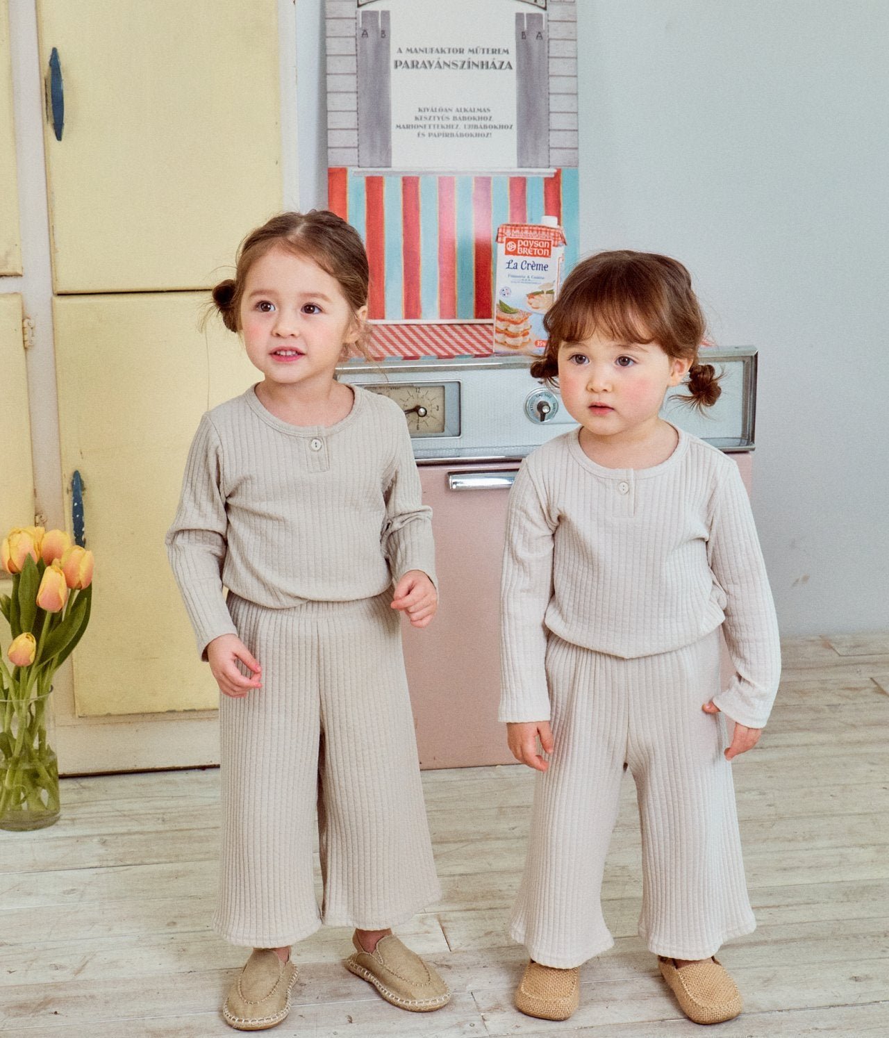 Toddler S25 Ribbed Pointelle Long Sleeve Top and Wide Pants Set (1 - 7y) - 2 Colors kids outfit
