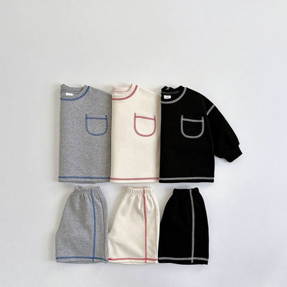 Toddler S25 Stitch Detail Long Sleeve Top and Shorts Set (1 - 6y) - 3 Colors kids outfit