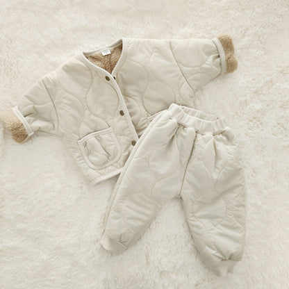 Toddler Sherpa Fleece - Lined Quilted Jacket and Matching Pants (6m - 3y) - Cream kids outfit